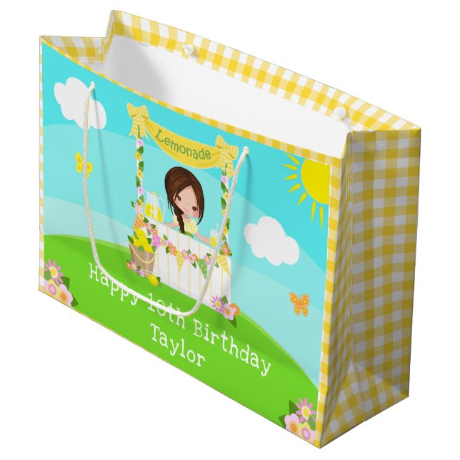 Lemonade Brown Hair Girl Happy Birthday Large Gift Bag (Front Angled)