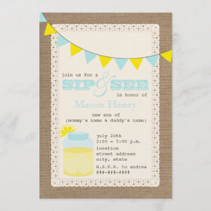 Lemonade Burlap Inspired Sip And See Baby Boy Invitation