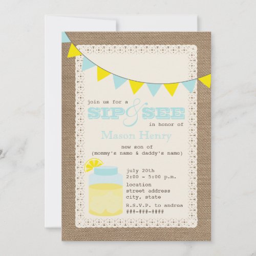 Lemonade Burlap Inspired Sip And See Baby Boy Custom Invitation