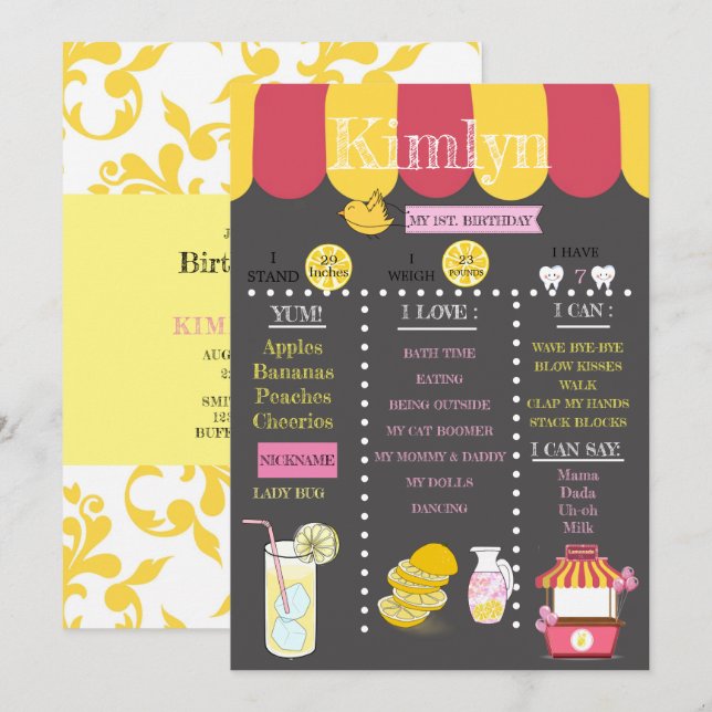Lemonade Chalkboard 1st Birthday Party Save The Date (Front/Back)