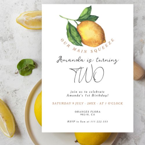 Lemonade citrus lemon 2st birthday invitation