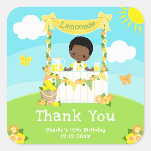 Lemonade Dark Skin Boy Birthday Thank You Square Sticker