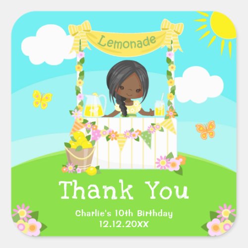 Lemonade Dark Skin Girl Birthday Thank You Square Sticker