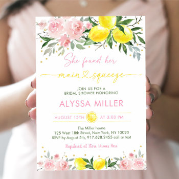 Lemonade Main Squeeze Pink Floral Bridal Shower Invitation by LittlePrintsParties at Zazzle