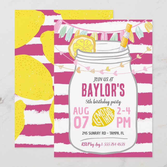 Lemonade Mason Jar Summer Birthday Invitation (Front/Back)