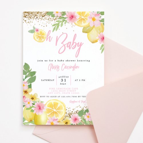 Lemonade Pink Floral Baby Shower Invitation