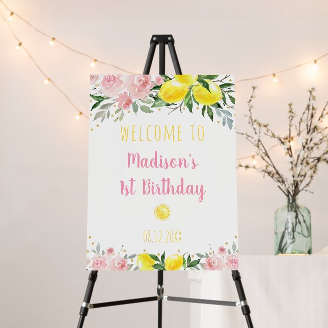 Lemonade Pink Floral Birthday Welcome Foam Board (In Situ (Stand))