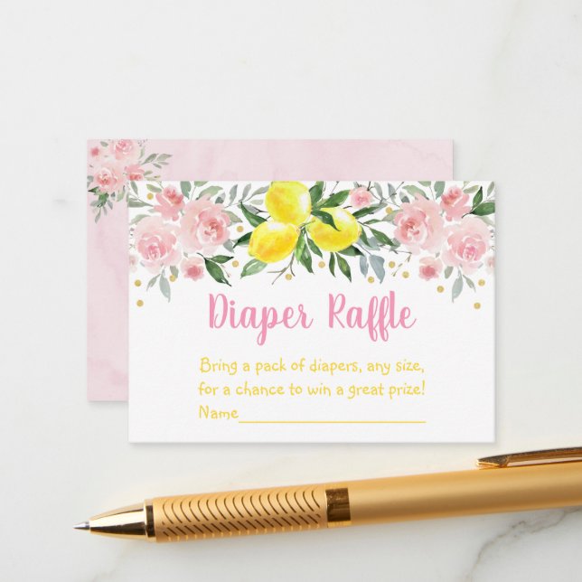 Lemonade Pink Gold Floral Baby Diaper Raffle Enclosure Card (Front/Back In Situ)