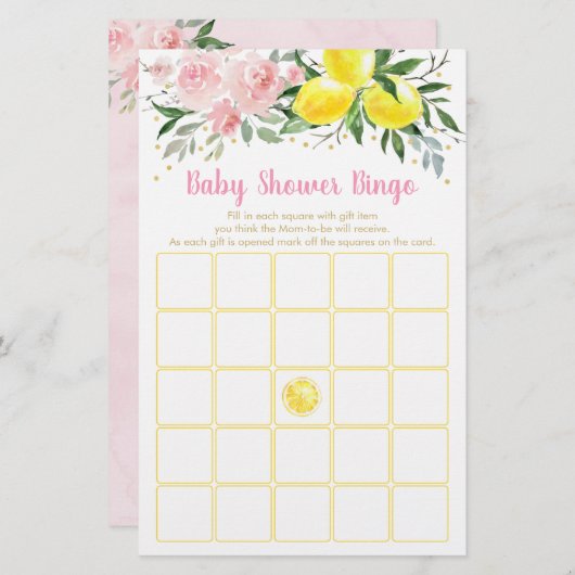 Lemonade Pink Gold Floral Baby Shower Bingo Game (Front/Back)
