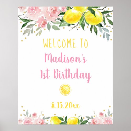 Lemonade Pink Gold Floral Birthday Welcome Poster