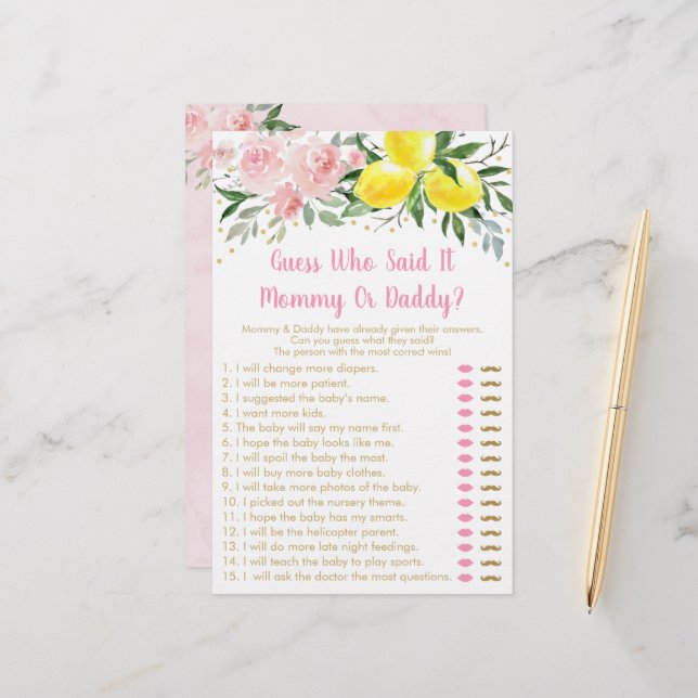 Lemonade Pink Gold Floral Guess Who Said It Game (Front/Back In Situ)