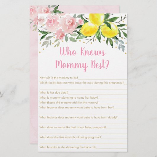 Lemonade Pink Gold Who Knows Mommy Best Game (Front/Back)
