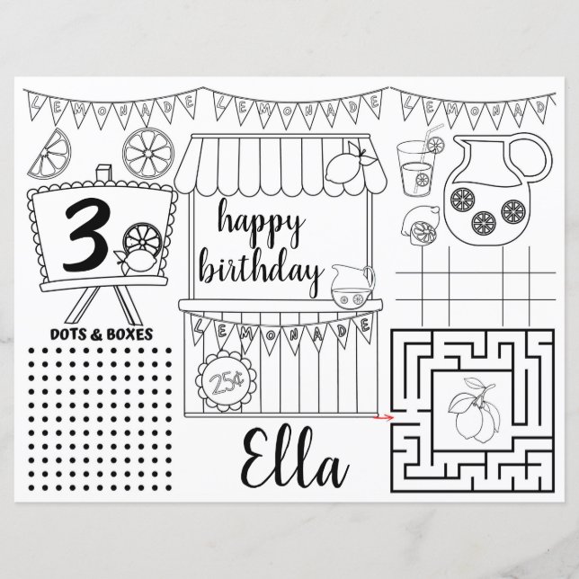 Lemonade Placemats, Pink lemonade activity sheet (Front)