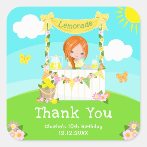 Lemonade Red Hair Girl Birthday Thank You Square Sticker