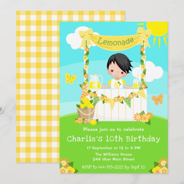 Lemonade Stand Birthday Black Hair Boy Invitation (Front/Back)