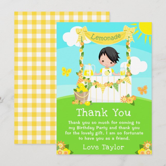 Lemonade Stand Birthday Black Hair Boy Thank You Card (Front/Back)