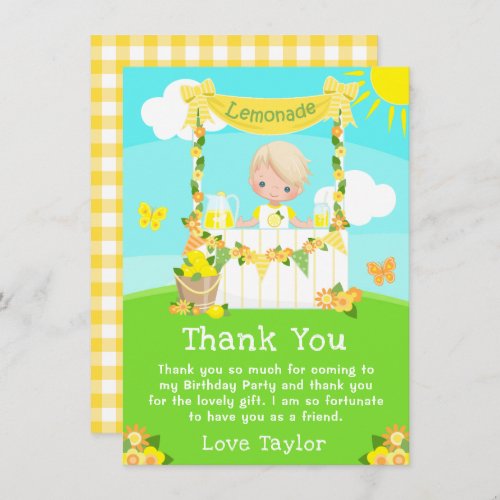 Lemonade Stand Birthday Blonde Hair Boy Thank You Card