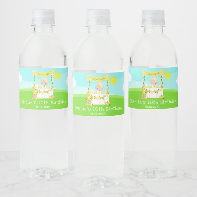 Lemonade Stand Birthday Blonde Hair Boy Water Bottle Label (Bottles)