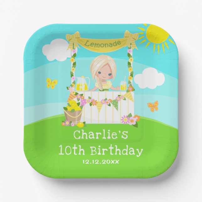 Lemonade Stand Birthday Blonde Hair Girl Paper Plates (Front)