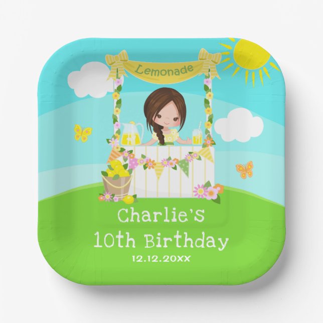 Lemonade Stand Birthday Brown Hair Girl Paper Plates (Front)