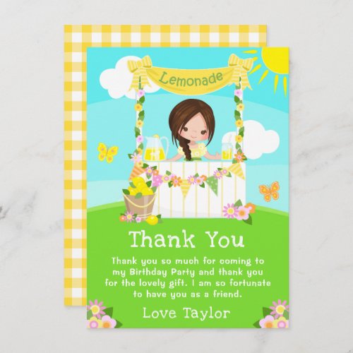 Lemonade Stand Birthday Brown Hair Girl Thank You Card
