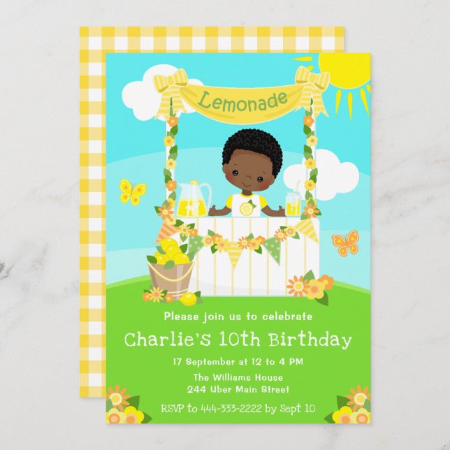 Lemonade Stand Birthday Dark Skin Boy Invitation (Front/Back)
