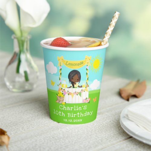 Lemonade Stand Birthday Dark Skin Girl Paper Cups