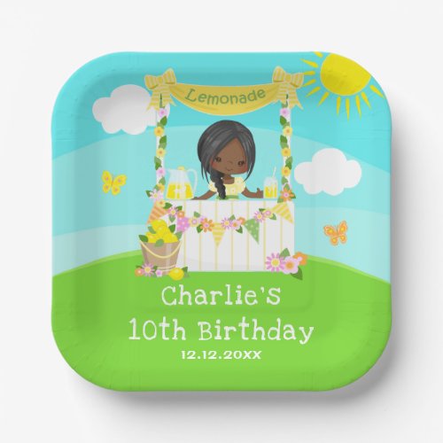 Lemonade Stand Birthday Dark Skin Girl Paper Plates