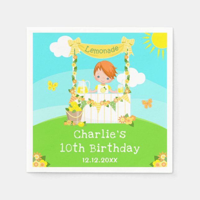 Lemonade Stand Birthday Red Hair Boy Napkins (Front)