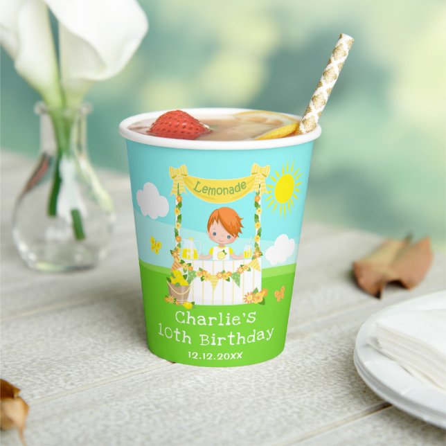 Lemonade Stand Birthday Red Hair Boy Paper Cups (Insitu)