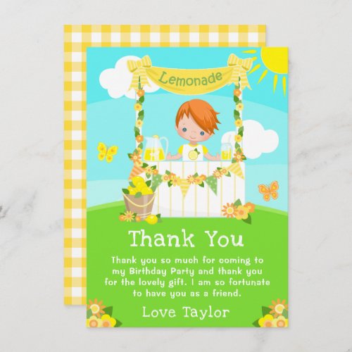 Lemonade Stand Birthday Red Hair Boy Thank You Card