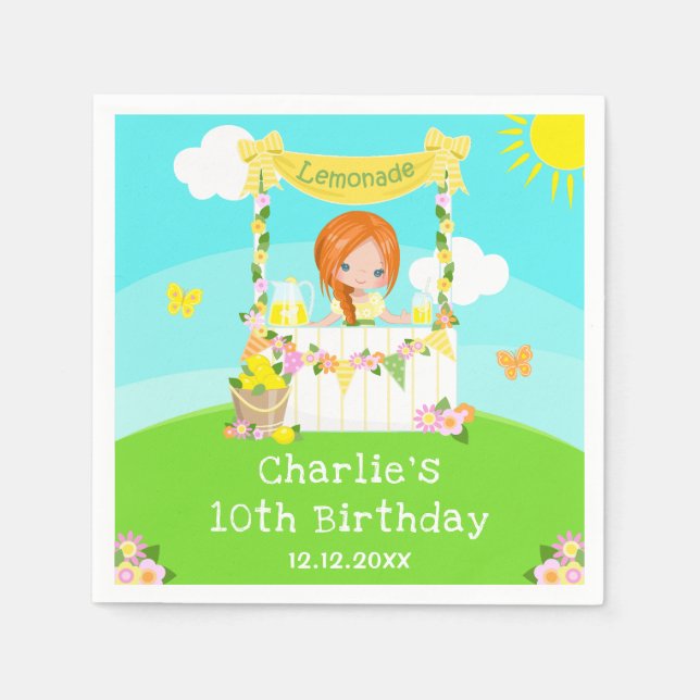 Lemonade Stand Birthday Red Hair Girl Napkins (Front)