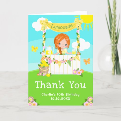 Lemonade Stand Birthday Red Hair Girl Thank You Card