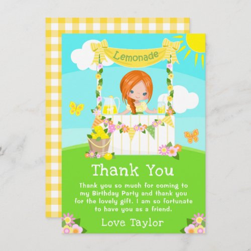 Lemonade Stand Birthday Red Hair Girl Thank You Card