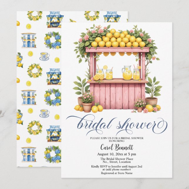 Lemonade Stand Mediterranean Summer Bridal Shower Invitation (Front/Back)