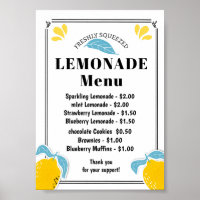 Lemonade stand Menu