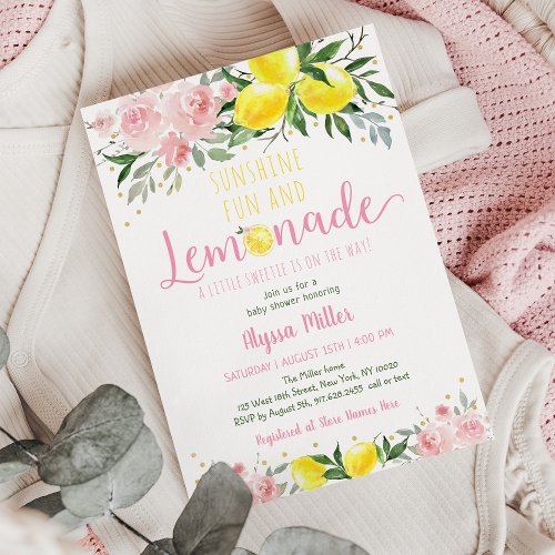 Lemonade Sunshine Pink Floral Baby Shower Invitation