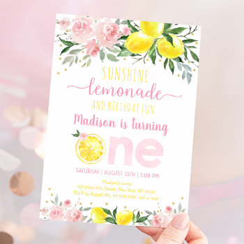 Lemonade Sunshine Pink Floral First Birthday Invitation by LittlePrintsParties at Zazzle