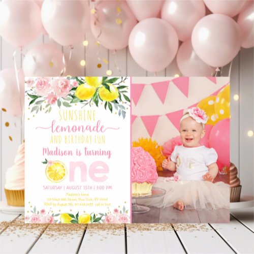 Lemonade Sunshine Pink Floral First Birthday Invitation
