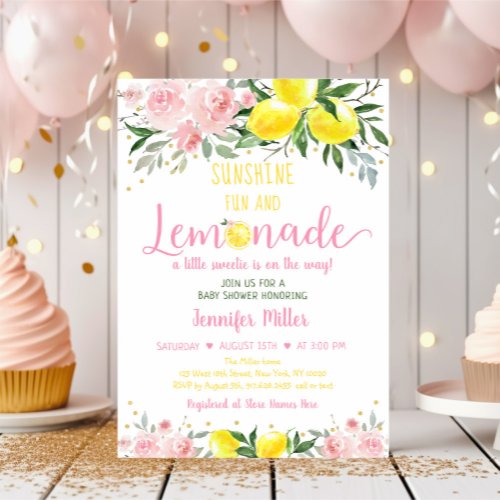 Lemonade Sunshine Pink Gold Floral Baby Shower Invitation
