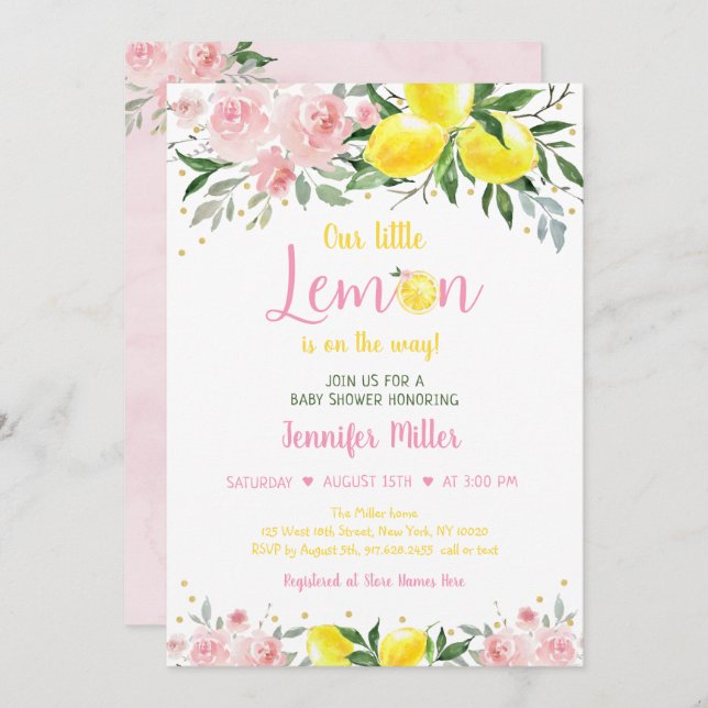 Lemonade Sunshine Pink Gold Floral Baby Shower Invitation (Front/Back)