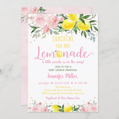 Lemonade Sunshine Pink Gold Floral Baby Shower Invitation