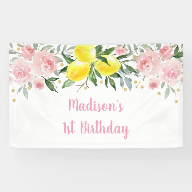 Lemonade Sunshine Pink Gold Floral Birthday Banner (Horizontal)