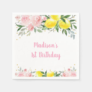 Lemonade Sunshine Pink Gold Floral Birthday Napkins