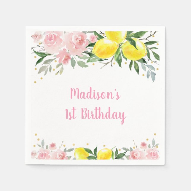 Lemonade Sunshine Pink Gold Floral Birthday Napkins (Front)