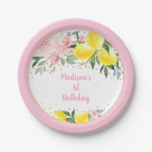 Lemonade Sunshine Pink Gold Floral Birthday Paper Plates