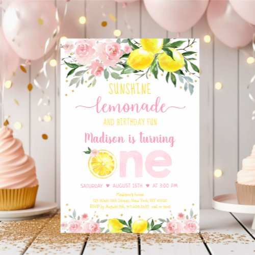 Lemonade Sunshine Pink Gold Floral First Birthday Invitation
