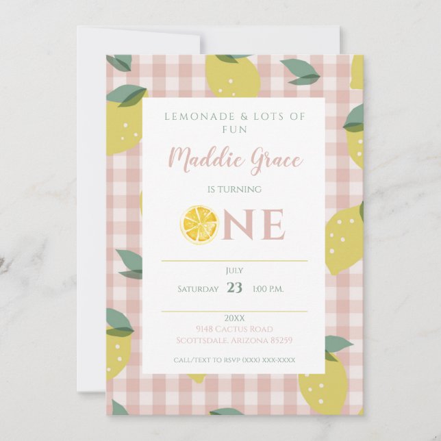 Lemonade Sunshine Pink Plaid First Birthday Invita Invitation (Front)