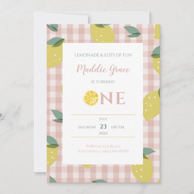 Lemonade Sunshine Pink Plaid First Birthday Invitation (Front)