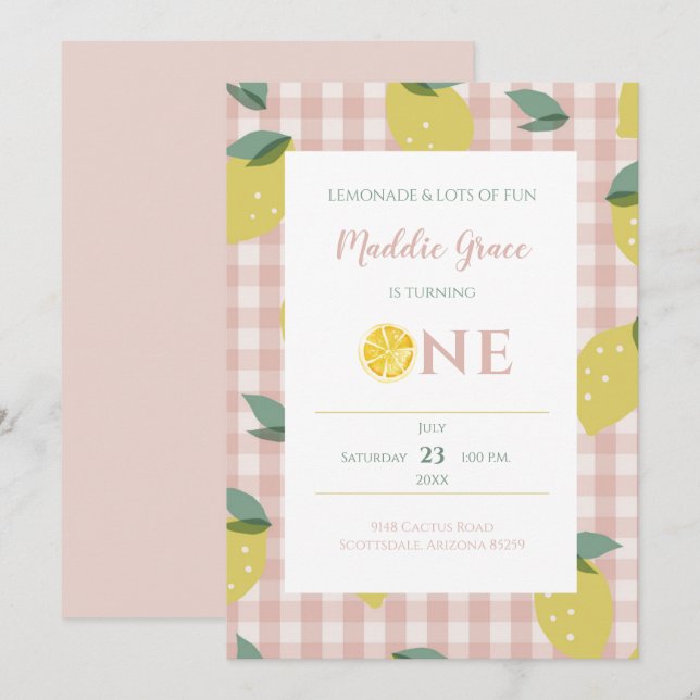 Lemonade Sunshine Pink Plaid First Birthday Invitation (Front/Back)